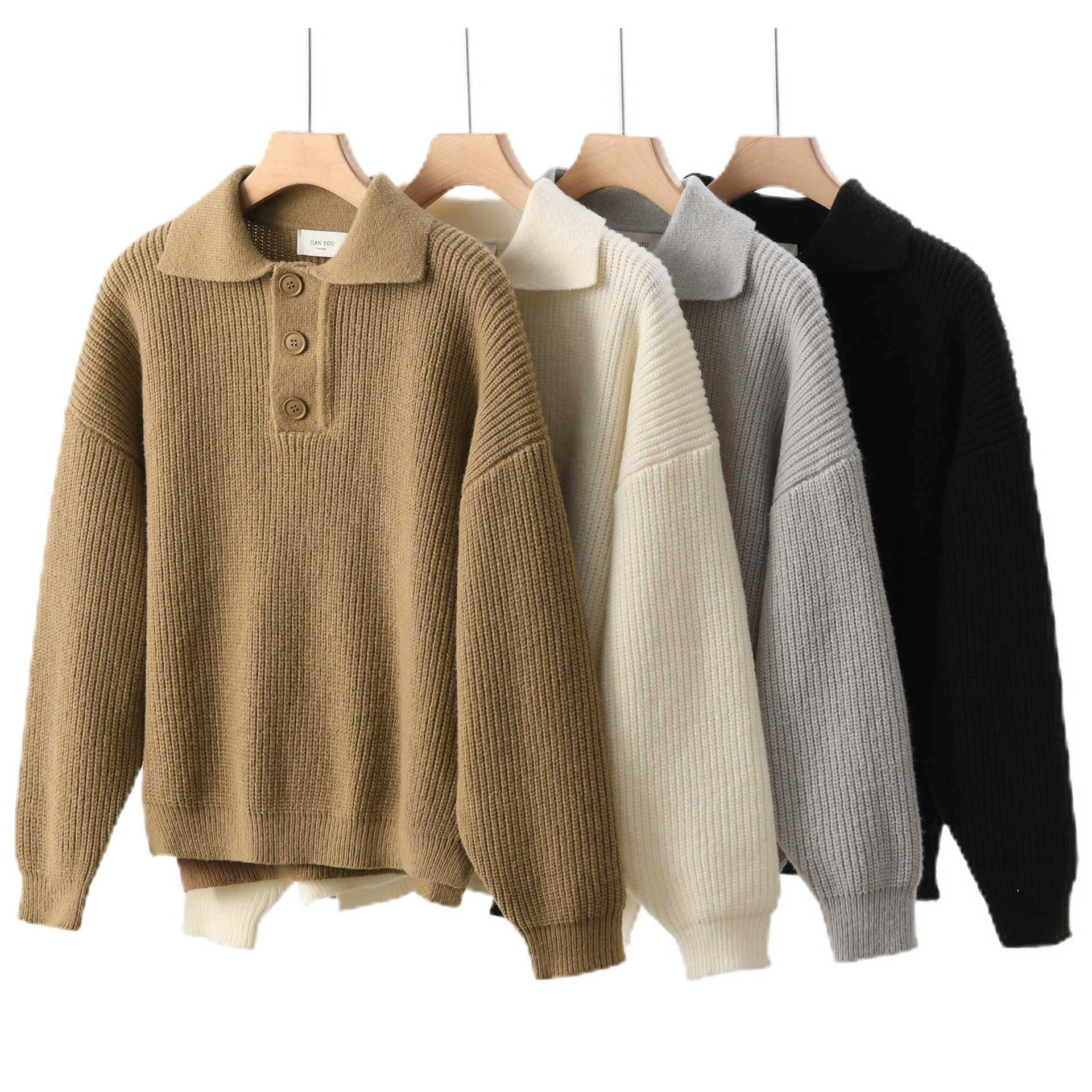 Men's Plus Size Polo Knit Sweater With Split Hem, Breathable & Stretchable Long Sleeve Shirt, Casual Loose Fit Pullover For Autumn Winter_voghion.com