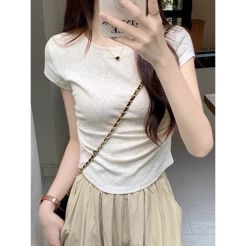 Eurasian solid color regular shoulder short-sleeve summer slimming design sense niche short-length waisted versatile belt-shrinking gray top