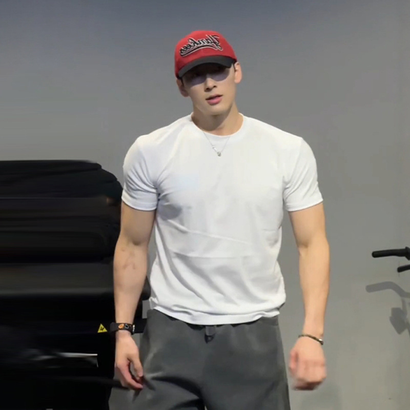 White Right Shoulder Slim Sports Fitness Short-Sleeved T-Shirt Men's Muscle-Revealing Waist Small Neckline Track and Field Training Half-Sleeve