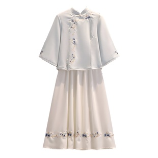 Women's retro Tang suit hanfu Chinese style modified floral cotton and linen embroidered three-quarter sleeve tea clothing cotton and linen suit