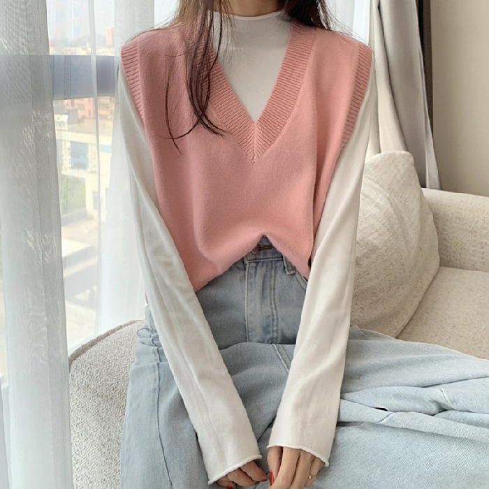 2023 otoño e invierno nuevo color sólido con cuello en V chaleco sin mangas chaleco abrigo suéter de las mujeres Chaleco de punto superior ins comercio exterior