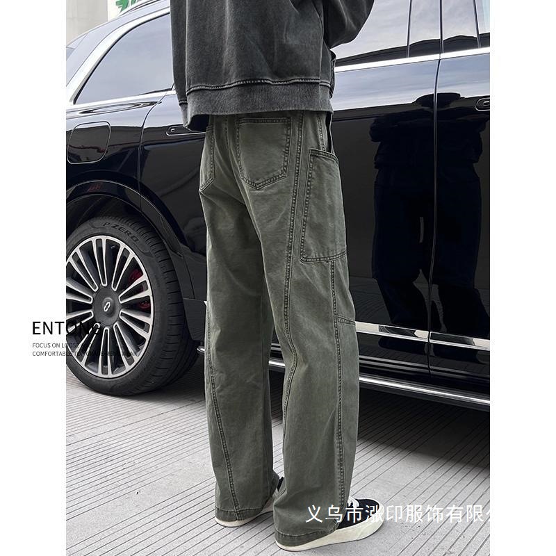 Entong American Retro Military Green Straight-Leg Cargo Pants for Men with Multiple Pockets, Versatile Casual Long Wholesale