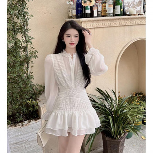 Hepburn Style White Long-Sleeved Chiffon Dress Summer Elegant Pleated Design Waist A-Line Fairy Short Skirt