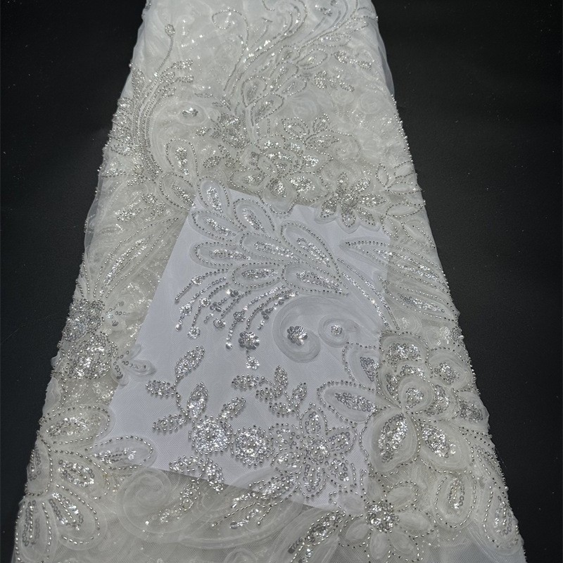 Tejido bordado de tubo de perlas, bordado tridimensional, vestido de boda, fabricantes de tejido de moda, suministro de stock