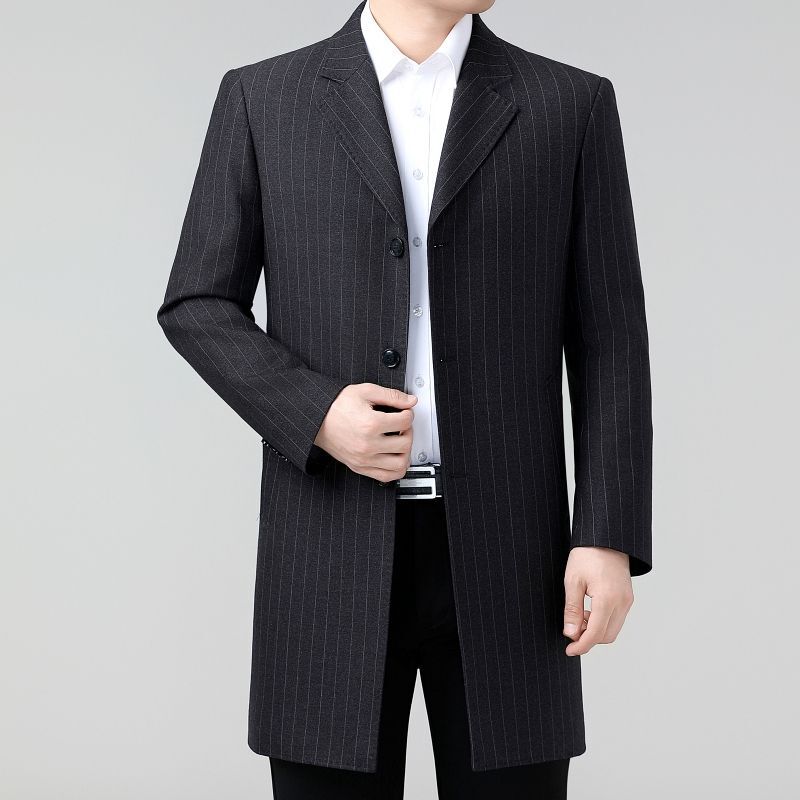 2026 Autumn/Winter Men's Silk Trench Coat, Middle-Aged Dad's Suit with Suit Collar, Striped Business Casual Jacket