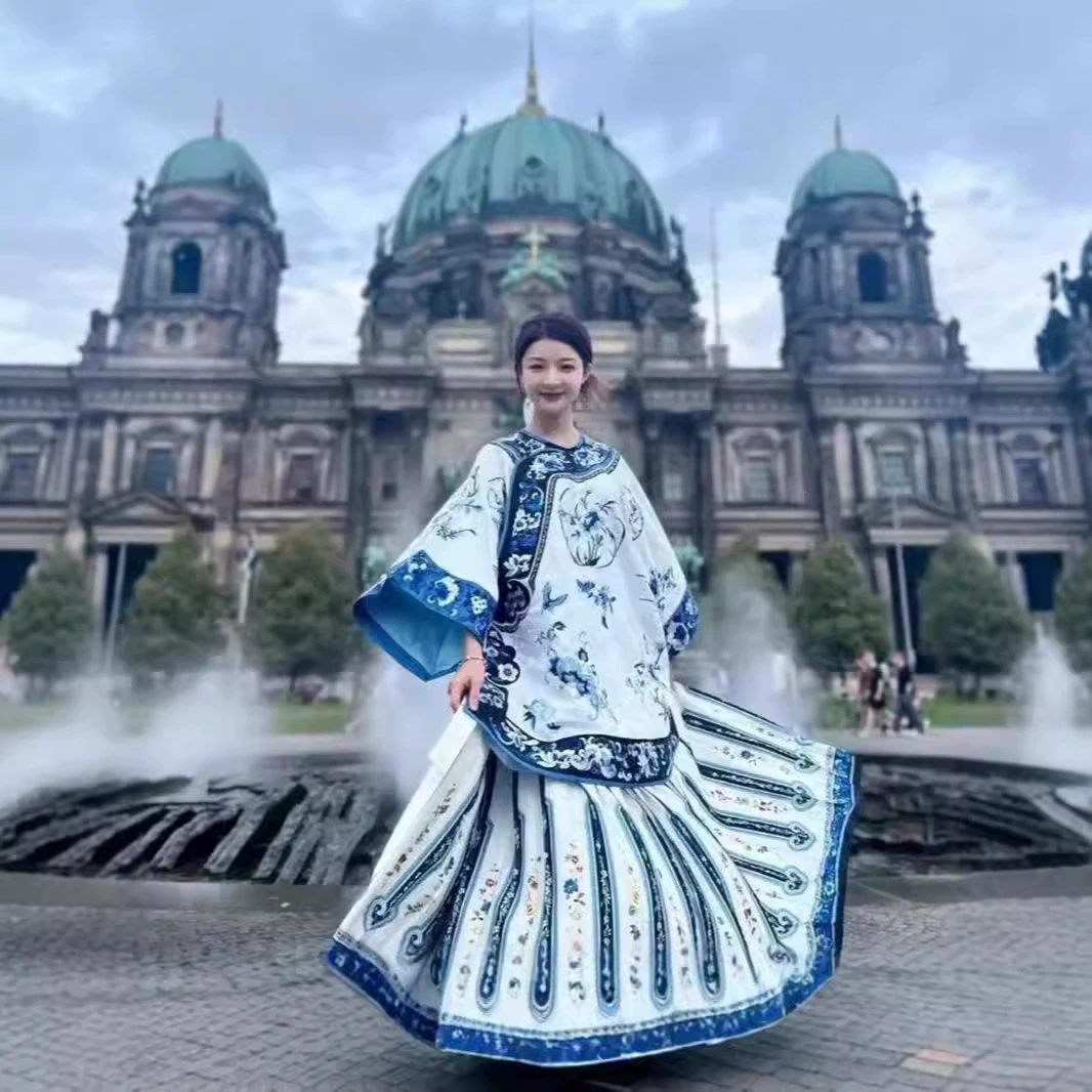 Наряд с флагом принцессы, одежда династии Цин, женская сине-белая фарфоровая юбка с принтом в виде лошади, костюм 2024, новинка лета