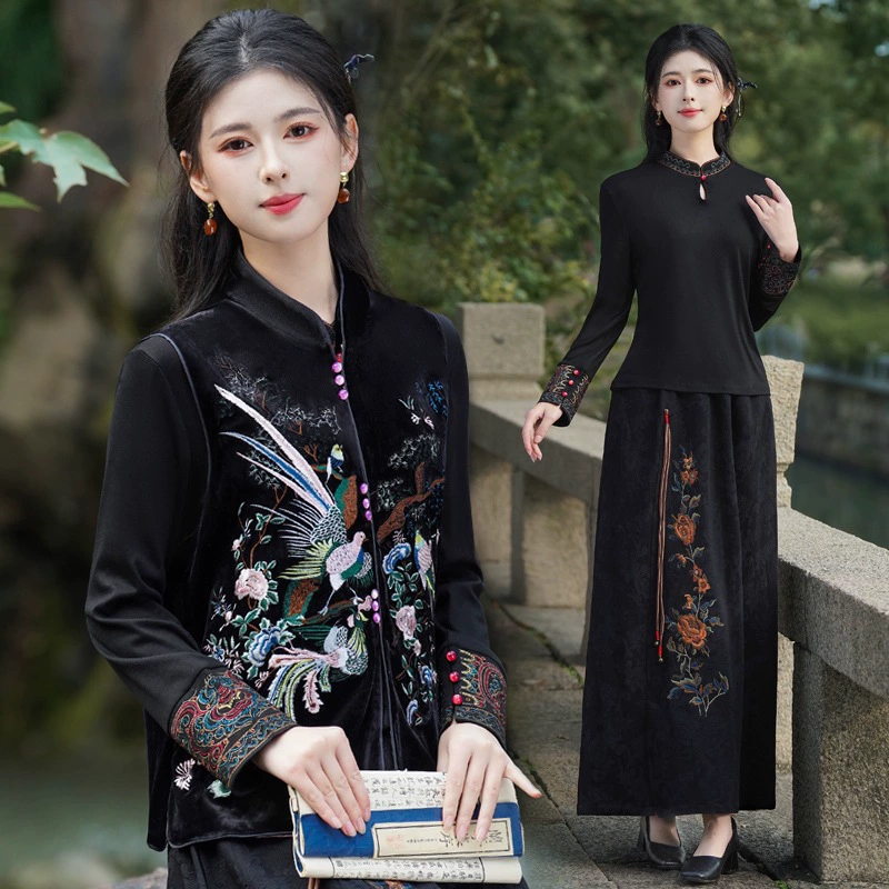 Реальная стрельба осенью и зимой новый китайский воротник тяжелый бархатная вышивка дикая толстая однобортная жилета