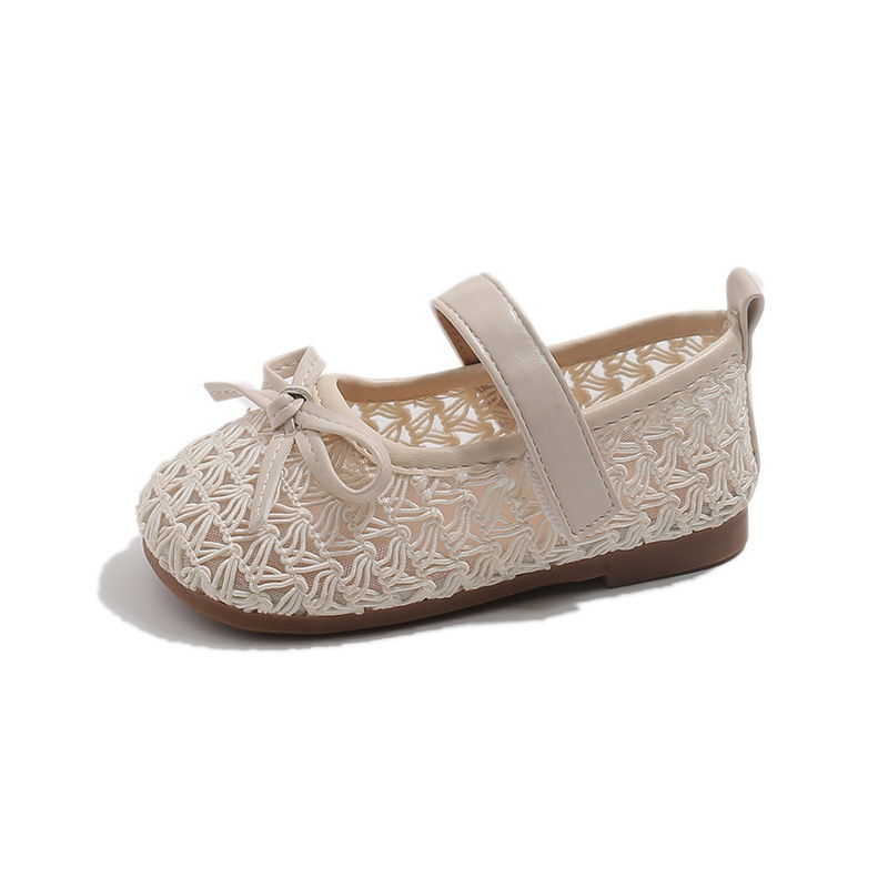 Mary Janes für Mädchen mit durchbrochenem Strickmuster, weicher Sohle, Schleifendekor, Ballerinas im Prinzessinnenstil mit Klettverschluss_voghion.com