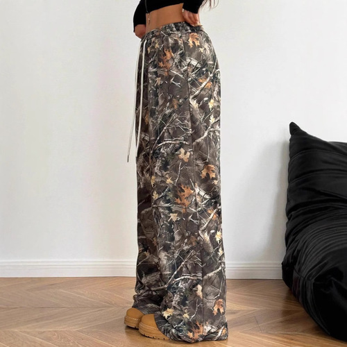 Cross-border 2025 American-style youth fashion casual elastic waistband camo print slim-fit wide-leg floor-length pants
