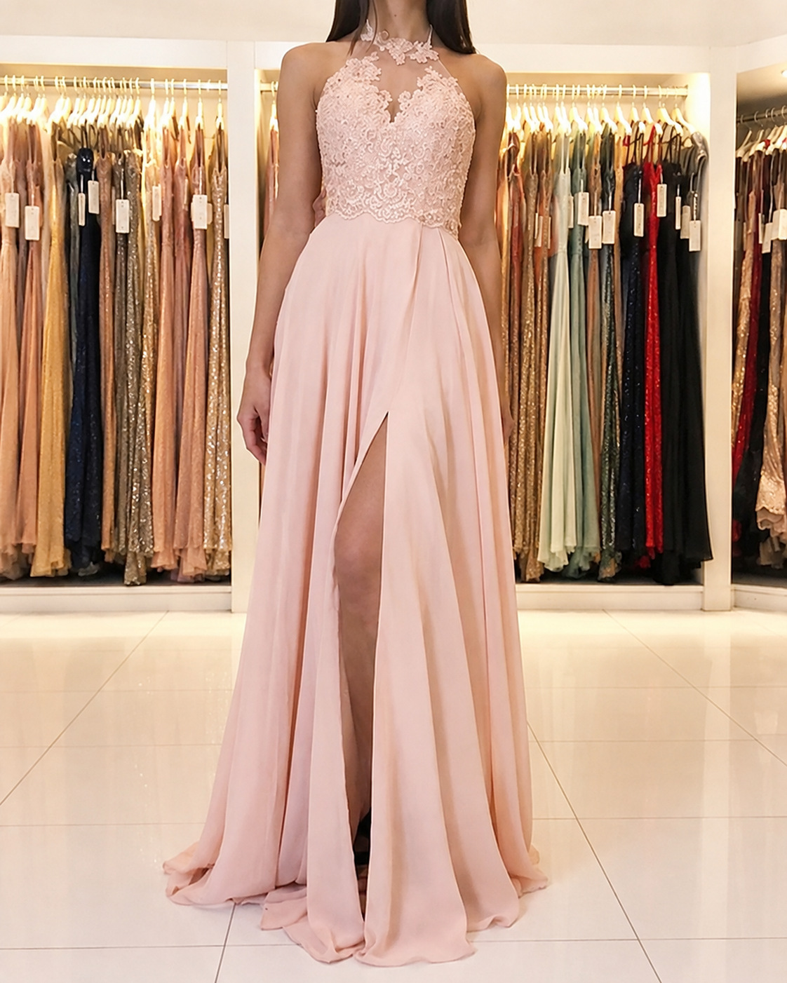 Summer New Style European and American Amazon Halter Neck Lace Chiffon Dress Prom Evening Dress Slit Long Dress New Style