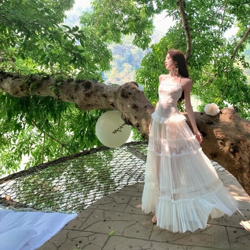 Water-Gloss Lace Jacquard Patchwork Long Holiday Lace Mesh Halter Backless Dress Printed Fairy Dress