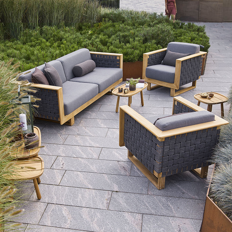 Conjunto de sofás para exteriores, patio, villa, hotel, teca, ratán, aire libre, casa de huéspedes, impermeable, protección solar, muebles de madera maciza image 4