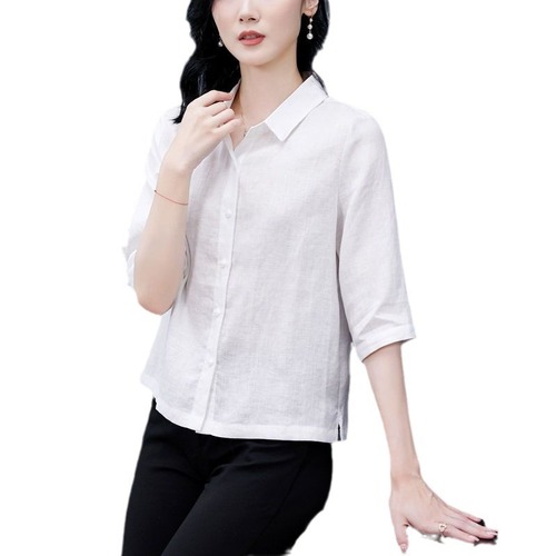 Five-quarter sleeve literary and versatile simple cotton and linen shirt for women 2024 summer new style literary loose and slim commuter shirt