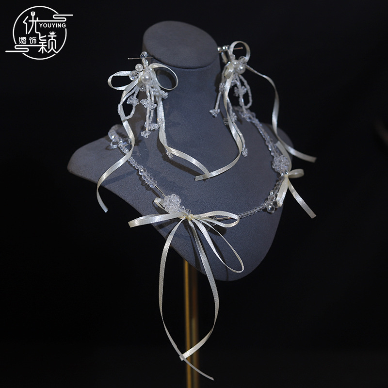 Youying's New Super Fairy Hand-Beaded Ribbon Bow Necklace Bridal Headdress Ear Clip Japanese and Korean Sweet Accessories
