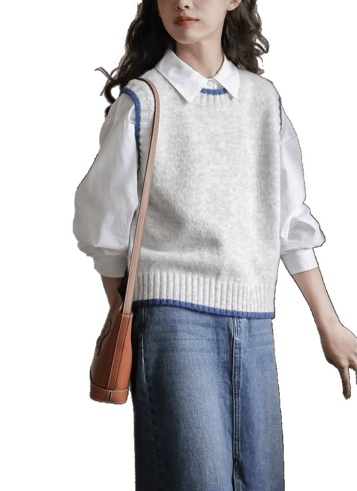 Blue Scandinavian colored sweater, spring retro knitted vest, Nordic style