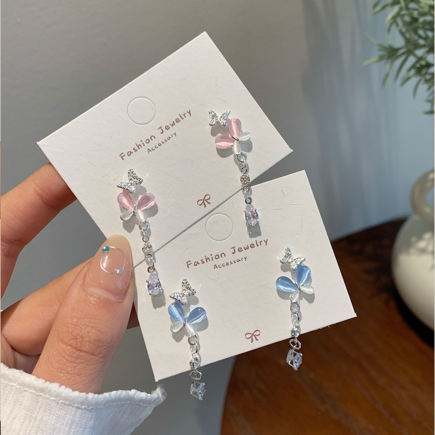 korean style light luxury pink blue butterfly opal earrings women‘s silver needle long pendant tassel temperamental high-grade earrings