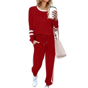 2024 Amazon New Women's Sweatshirt suit Fashion Casual Round Neck Color-block Striped Pocket 2-piece Set