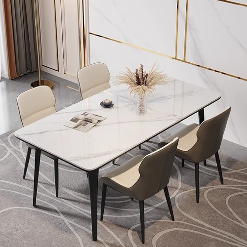 Italian lightweight luxury stone slab dining table and chairs, home small apartment modern minimalist rectangular dining table with elephant leg stone slab dining table