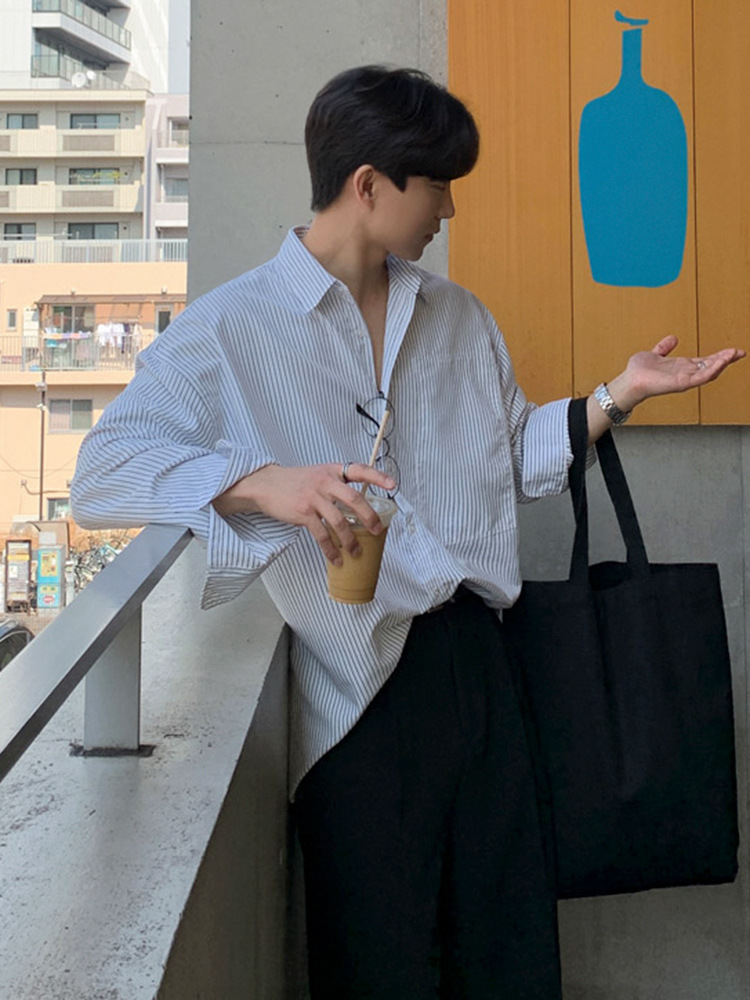 Myq日系ストライプシャツ男性長袖2023秋新作韓国版ゆるいデザインシャツ