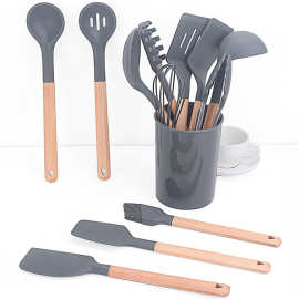 11件套木柄厨具硅套装收纳桶装木柄厨具硅胶铲套装厨房用具