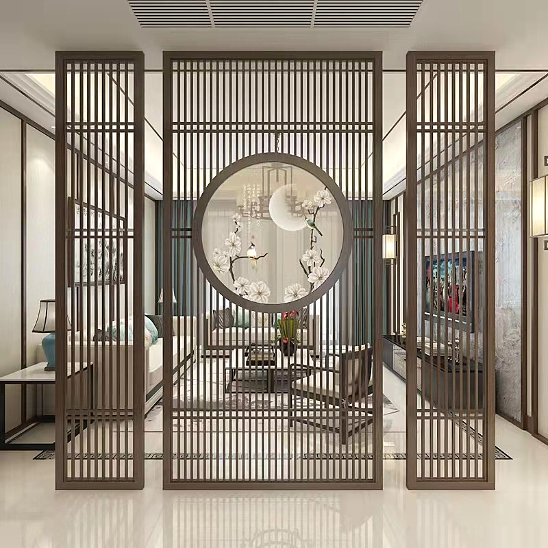 ✅ New Chinese-Style Solid Wood Screen Partition for Living Room Entrance, Modern Minimalist Lattice Screen with Hollow Floral Design, Sliding Door Installation