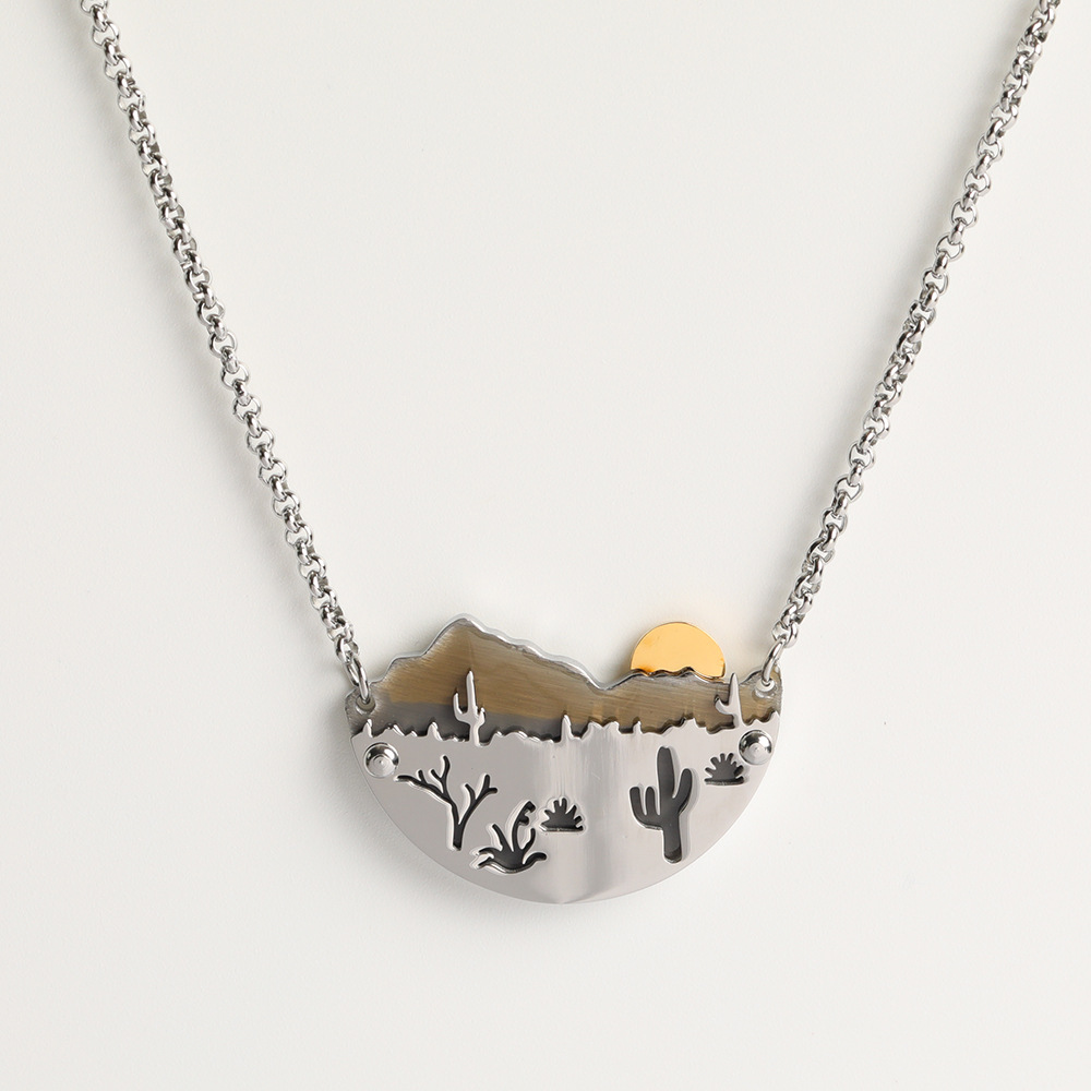 Simple Landscape Painting Sunset Mountain Pendant Stainless Steel Necklace