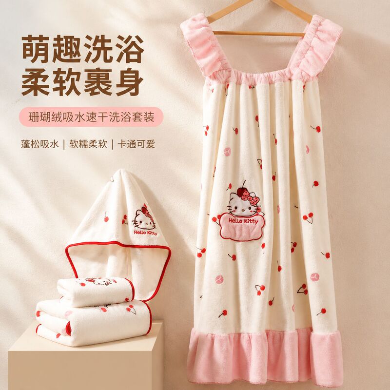 Cherry Kt Bath Towel Coral Fleece Thickened Absorbent Quick-Dry Large Bath Towel Printed Wrap Towel Cute Bathrobe Towel