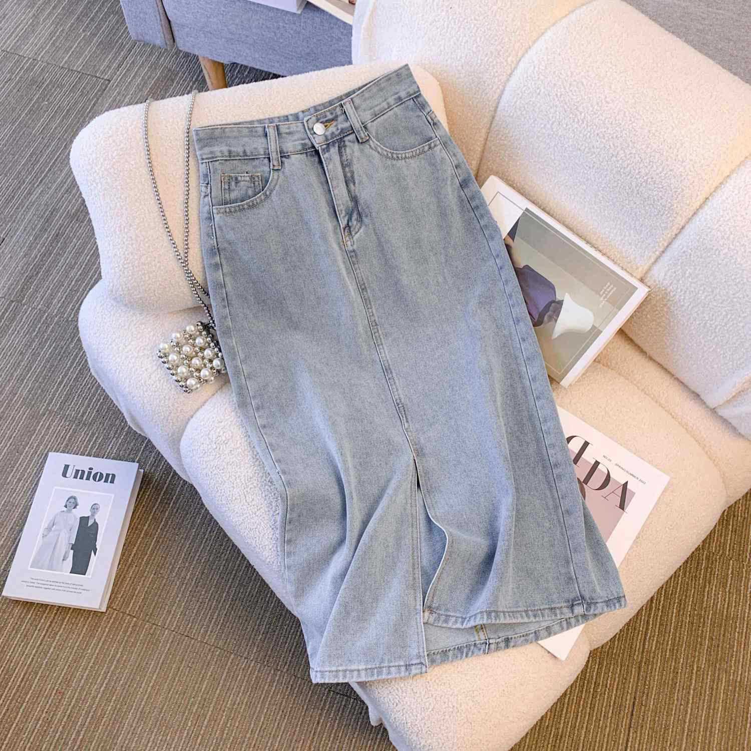 Korean style split denim A-line midi skirt, new for summer 2023, lightweight, high-waisted, slimming, perfect for petite figures.