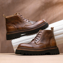新款马丁靴男真皮男靴潮流英伦复古高帮短靴透气牛皮厚底工装靴子