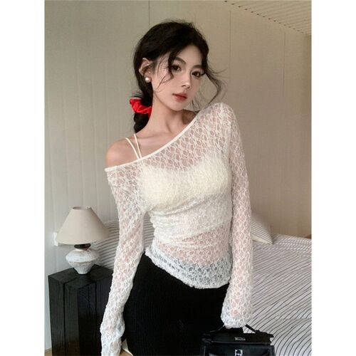 Fashion Design Sensory Minority Lace Hollow Long-Sleeve T-Shirt for Women 2025 Outerwear Sexy Hot Girl Upper Garment