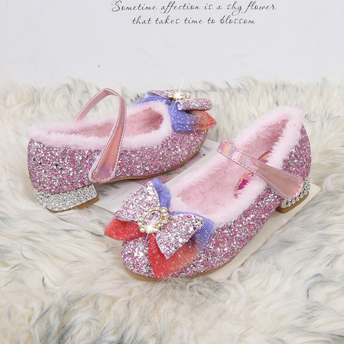 秋冬季儿童保暖棉鞋牛筋底防滑魔术贴爱莎公主高跟加绒女童鞋