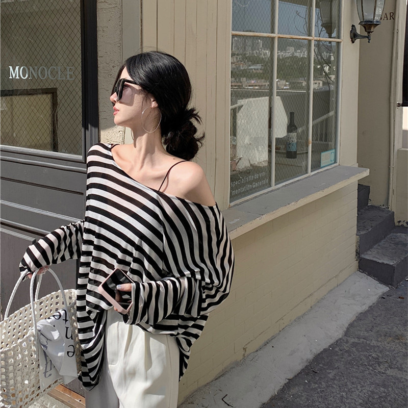 Relaxation Sense Lazy Style Hot Girls Loose Black and White Striped Slub Cotton Sunscreen Clothes Long Sleeve Women's Air Conditioning Blouse Top