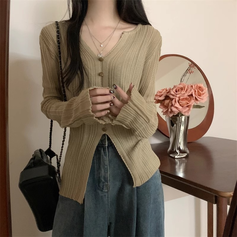 咖色开叉V领美拉德针织长袖打底衫女秋季修身显瘦设计感内搭上衣|undefined