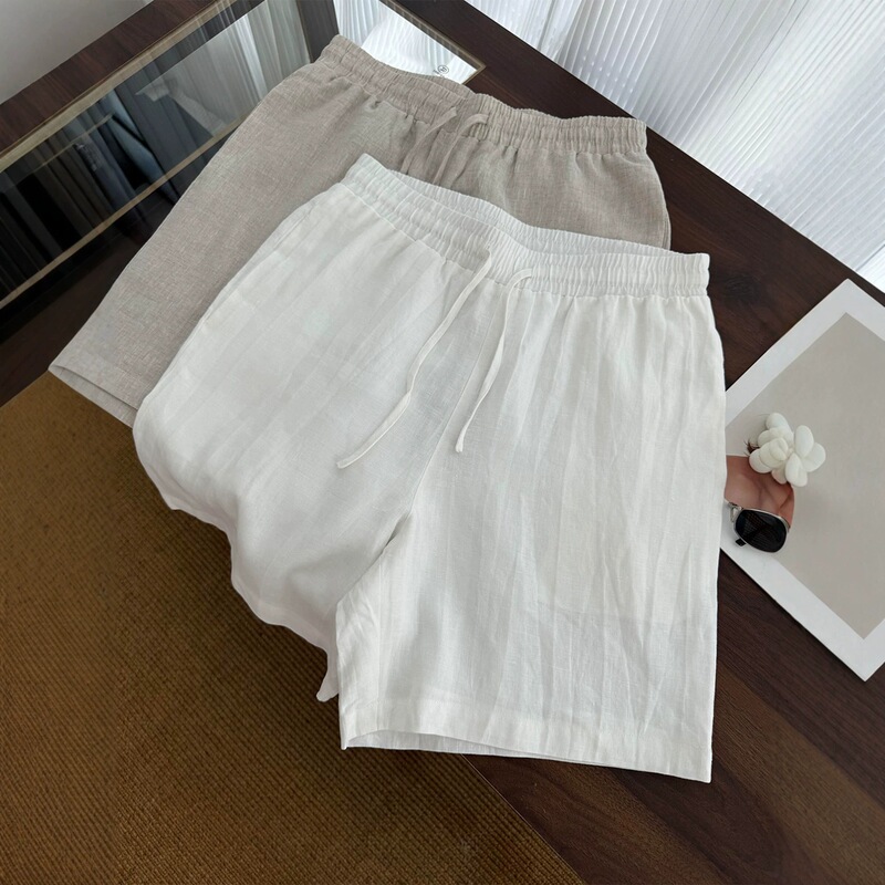 White old money style linen shorts for men, summer thin breathable casual beach shorts, relaxed fit quarter-length pants White old money style linen shorts for men, summer thin breathable casual beach shorts, relaxed fit quarter-length pants