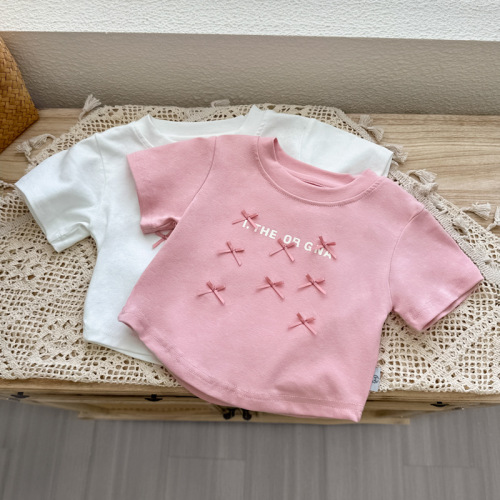 Kids Short Sleeve T-Shirt Summer Unisex Fashion Baby Girl Summer Outfit Base Shirt Girl with Bow Tie Clothing Trendy T-Shirt Top