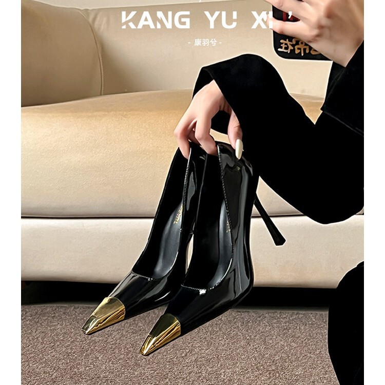 Yangshulin Elegant Royal Sister Stiletto High Heels Women's 2025 New Black Metal Iron Toe Design Shallow Mouth Flats Yangshulin Elegant Royal Sister Stiletto High Heels Women's 2025 New Black Metal Iron Toe Design Shallow Mouth Flats