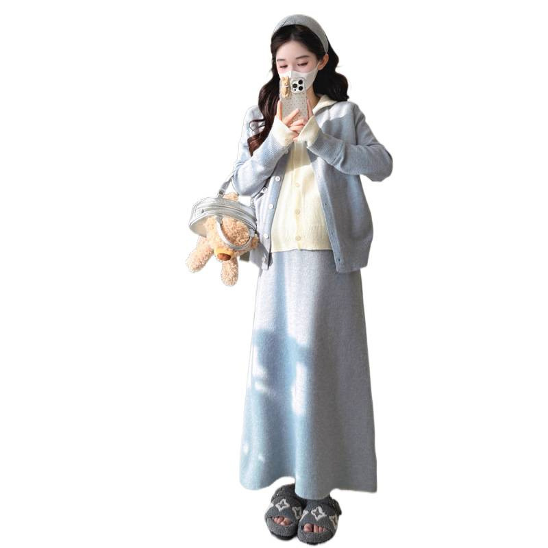 孕妇装2025秋冬新款甜美韩版时尚假两件外套+托腹调节半身裙套装|undefined