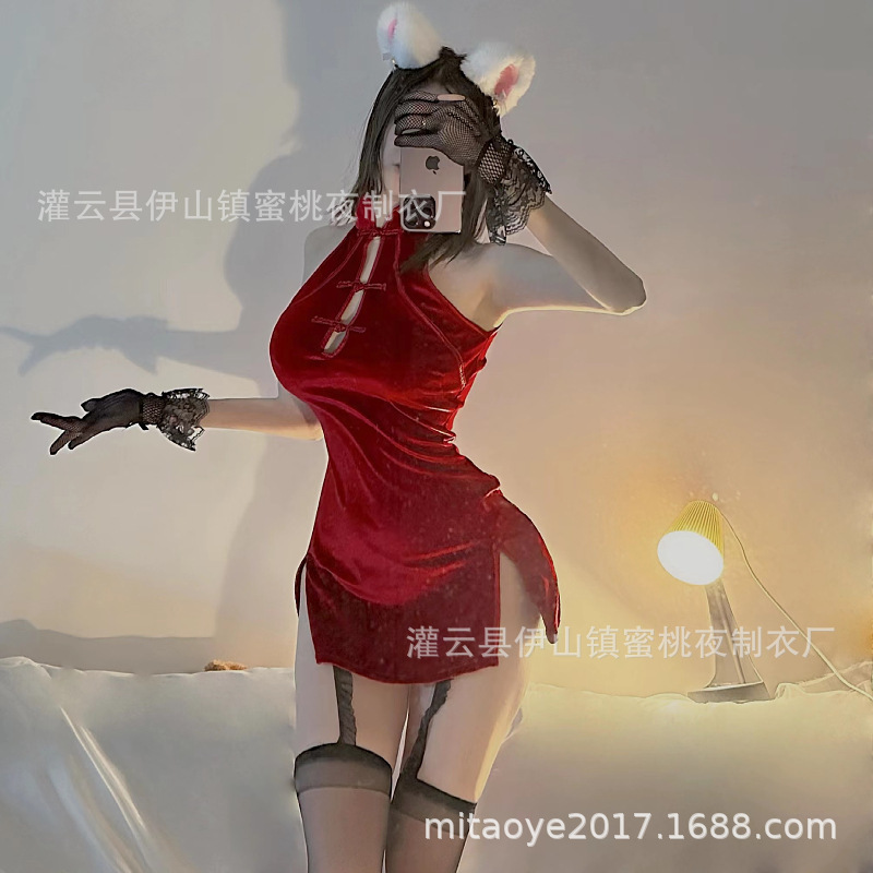 Christmas style sexy uniform retro cheongsam side slit hip skirt sexy pure desire style pajamas suit generation hair