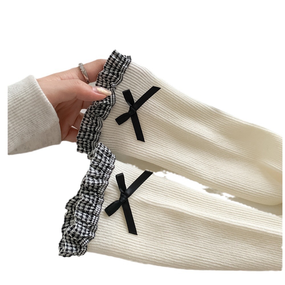 Φθινοπωρινές και χειμωνιάτικες κάλτσες miu με φιόγκο, δαντελωτές γυναικείες κάλτσες με μακριές τσέπες και σωληνωτό πέλος, σε στυλ δαντέλας σε στυλ δάσους._voghion.com