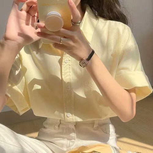 Women's Cream Yellow Short-Sleeve Shirt 2025 Summer New Chic French Sweet Style Upgraded Designers' Top
