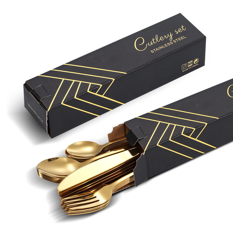 Juego de vajilla de 24 piezas de cuchillo y tenedor de acero inoxidable de venta caliente transfronteriza caja de regalo cuchara de comida occidental de Amazon dorada chapada en titanio