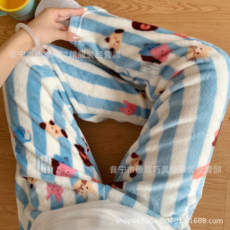 Pantalones de pijama de franela de coral de dibujos animados, pantalones de pijama de hombre, pantalones de invierno de otoño de mujer, pantalones caseros