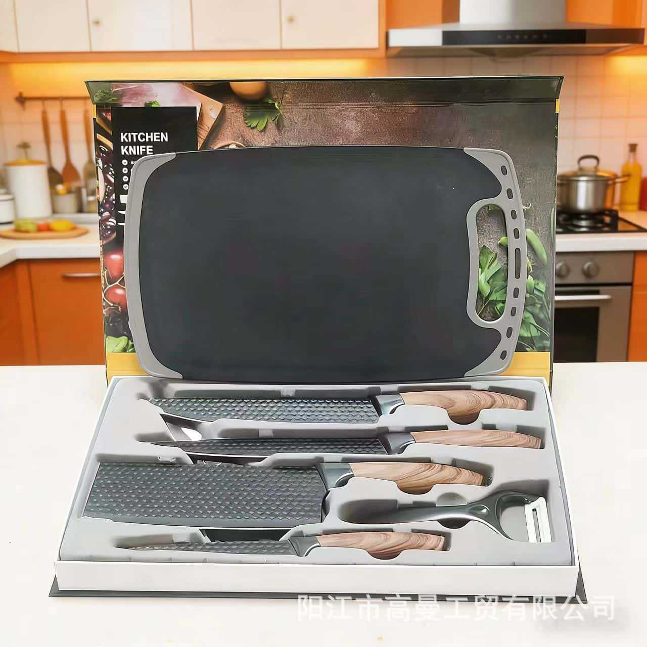 Comercio exterior de acero inoxidable al por mayor cuchillo de cocina conjunto de cuchillo de cuchillo con mango de grasa con tablero de verduras en caja hecha a mano cuchillo casero