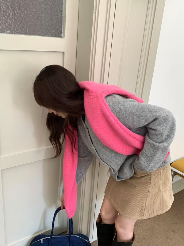 毛衣宽松慵懒女圆领纯色百搭宽松韩系卷边口袋毛衣针织开衫A7024|undefined