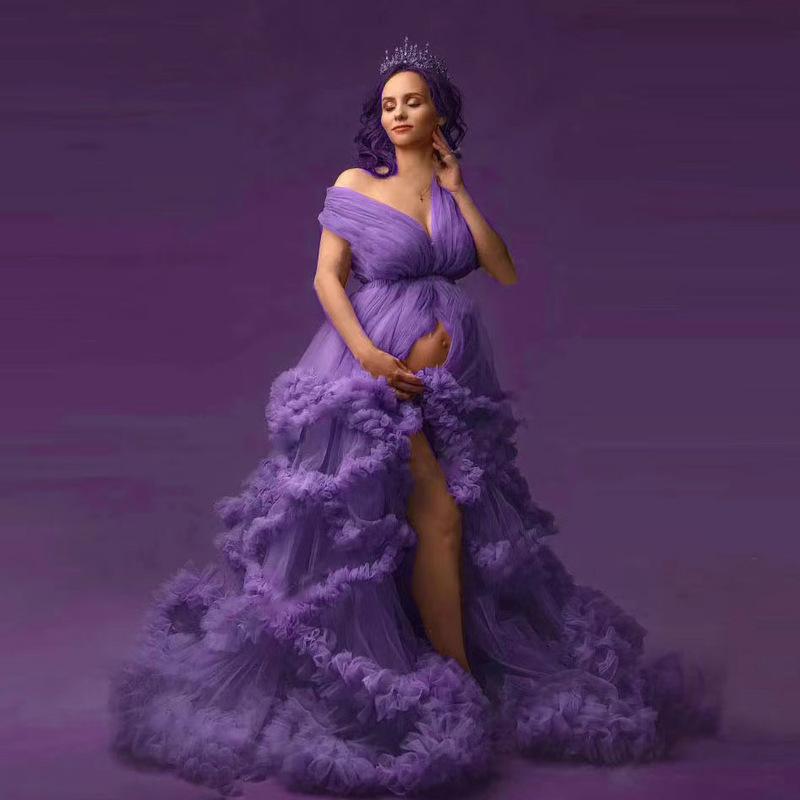 Foreign Trade Mesh Shoulder Sling dress Pregnant Women Photo Studio Sexy Split Puffy Yarn Cocktail Evening Dress for Women