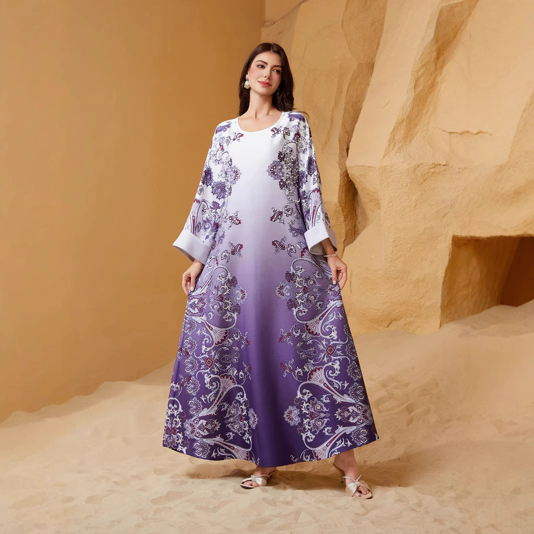 SW2514 Ближневосточное трансграничное новое мусульманское женское платье с принтом, горячие стразы, круглый вырез, оптовая модель для внешней торговли