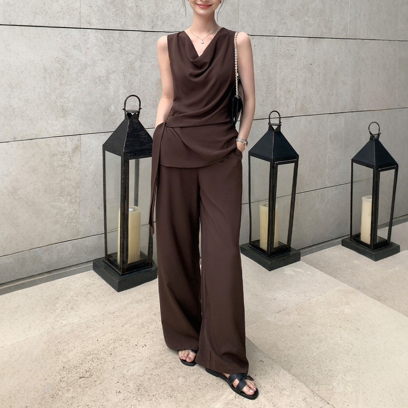 Copper Ammonia Lyocell Silky Fabric Natural and Elegant Drape Collar Sleeveless Women's Tie Shirt Wide-Leg Pants Set Copper Ammonia Lyocell Silky Fabric Natural and Elegant Drape Collar Sleeveless Women's Tie Shirt Wide-Leg Pants Set