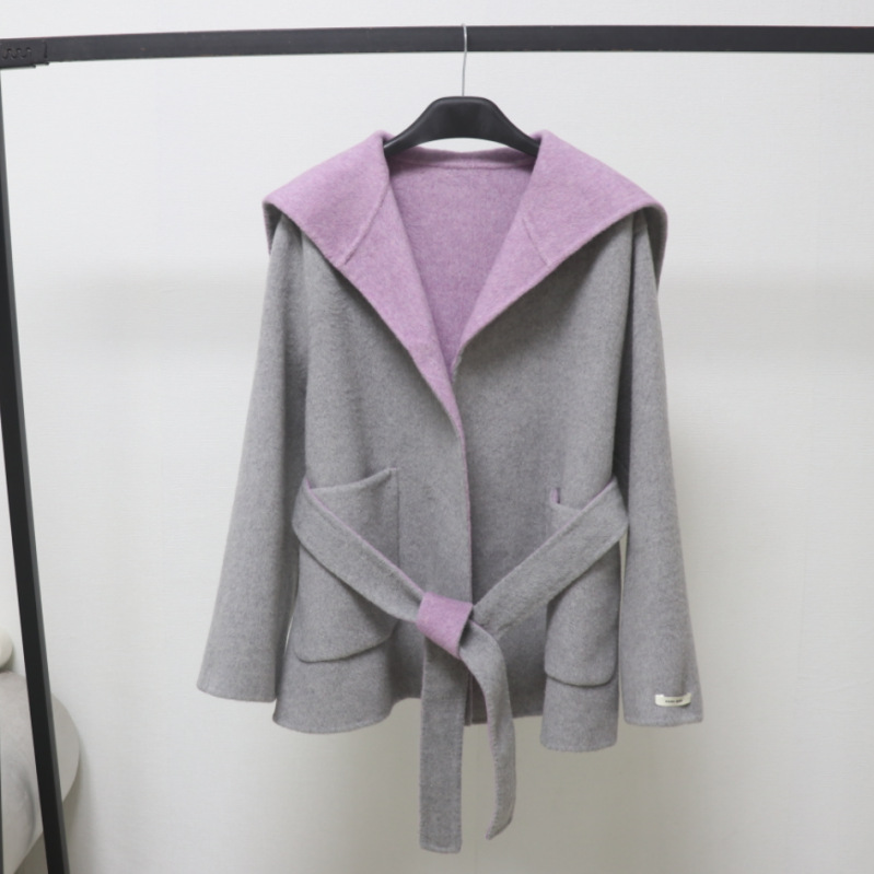 Double-Sided Woolen Coat for Women Winter Short Petite Lace-Up Waist Hooded Casual Woolen Coat