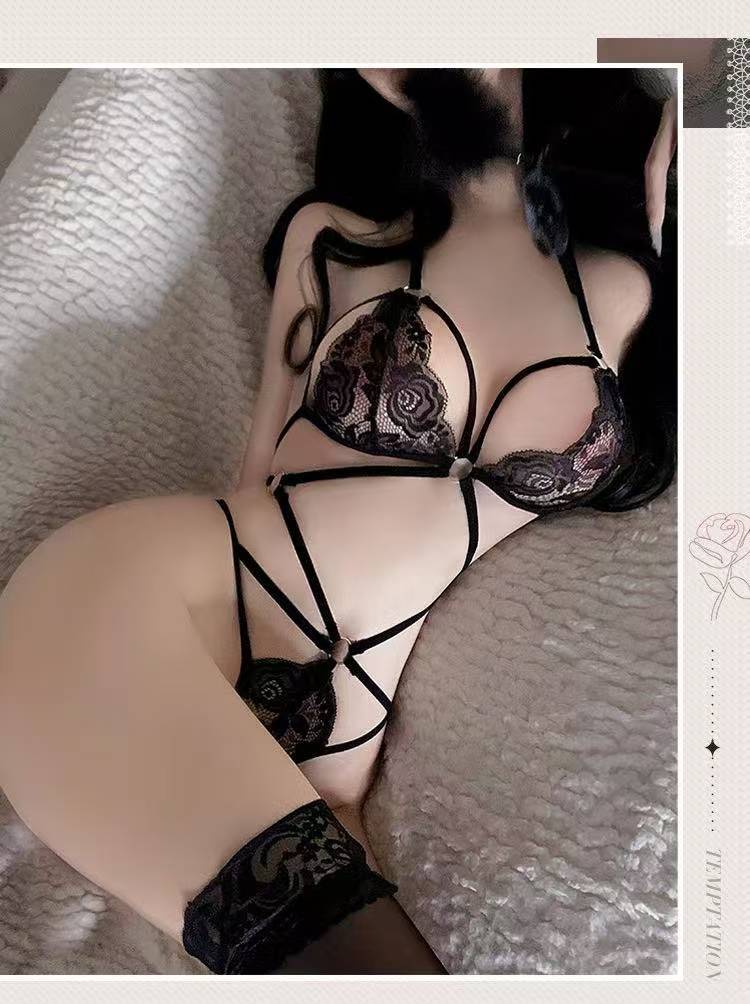 Lace Three-Point Bra Lingerie Set with Black Stockings, Polyester, One Size — detail image 7