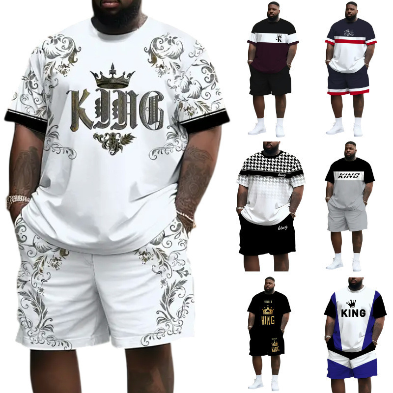 Temu Cross-Border European and American Summer T-Shirt Shorts Suit Pattern Crown 3D Digital Printing Casual Beach Suit